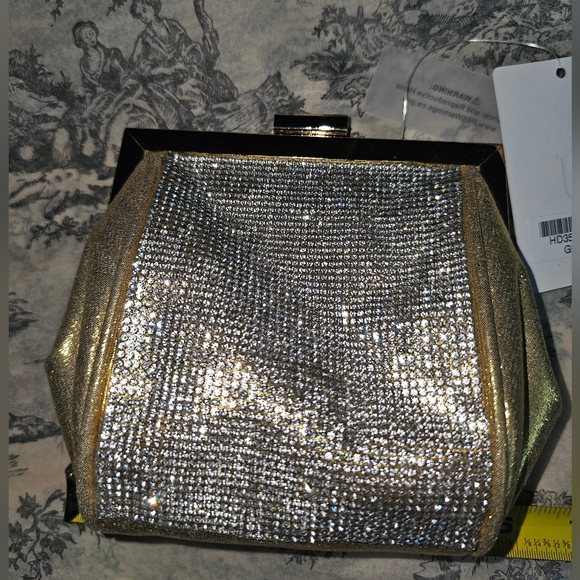 NWT Gold Rhinestone Evening Clutch Black Frame Chain Strap Sparkly Prom Wedding - Picture 11 of 12